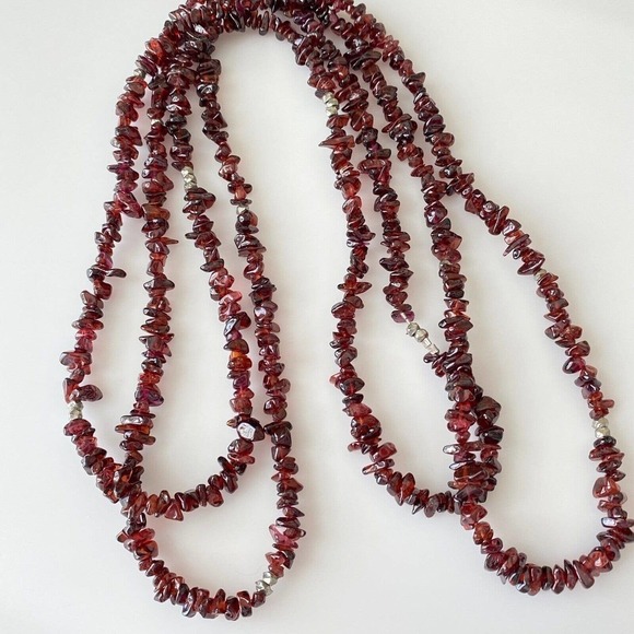 Vintage Genuine Garnet Stone Very Long Strand Beaded Nugget Necklace 59" - Picture 2 of 5